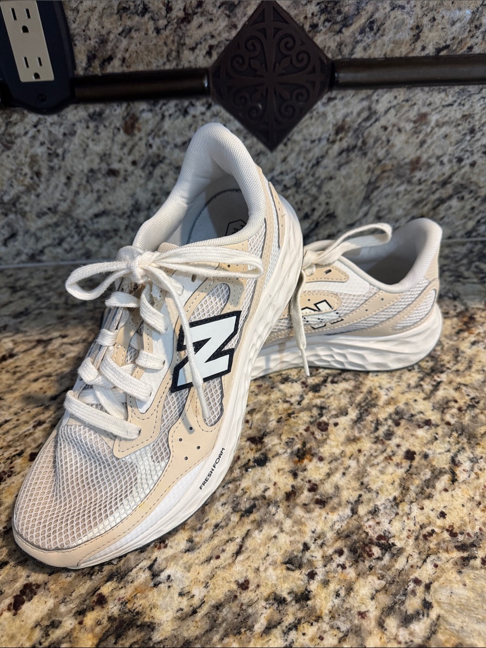 New Balance White and Beige Mesh Trainer with Black 'N' Logo